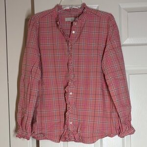 LOFT Pink Checkered Ruffle Blouse